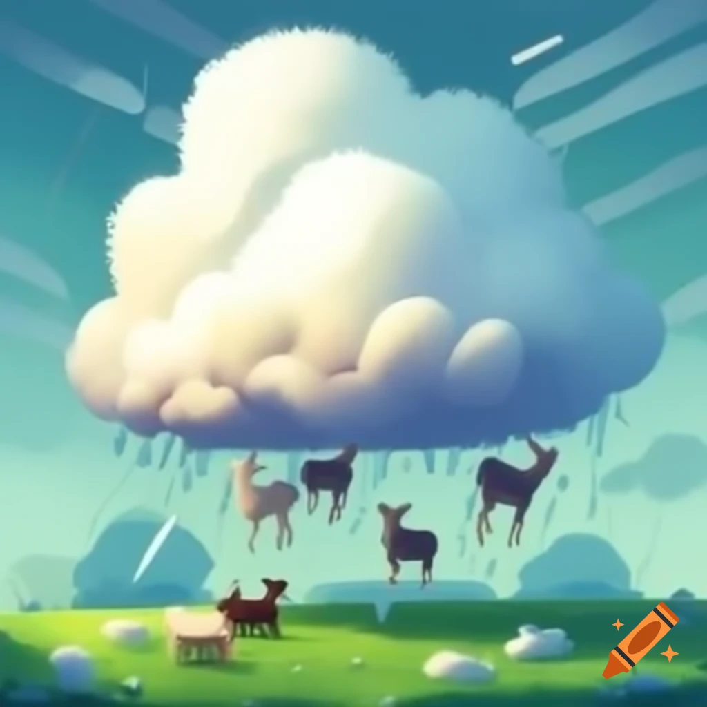 Whimsical scene of clouds raining goats