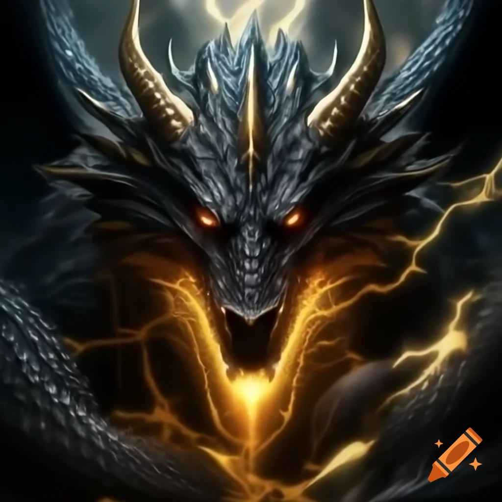 Black dragon with golden horns and eyes surrounded by black and golden lightning, anime style