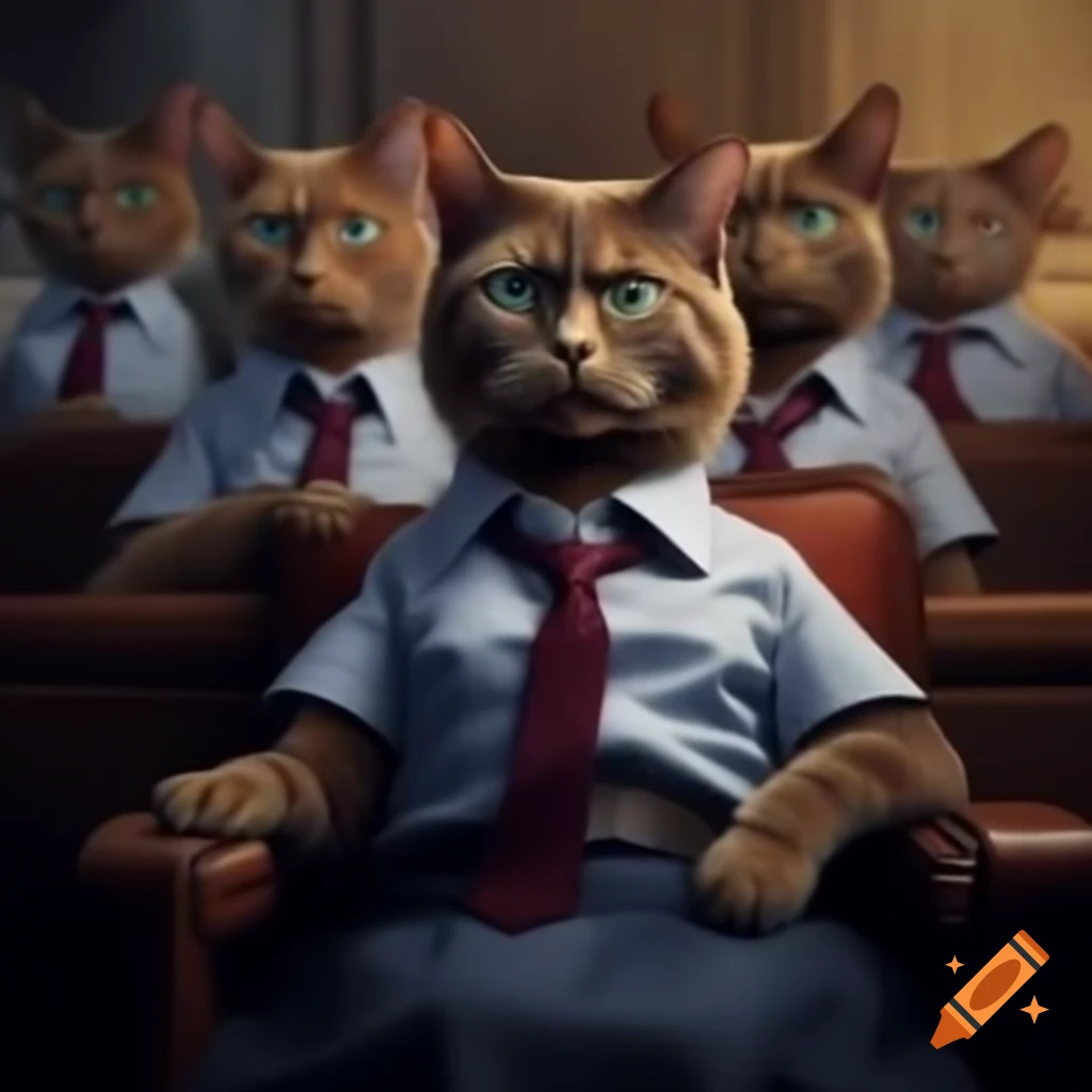 Young cats in college uniforms shift nervously in their seats
