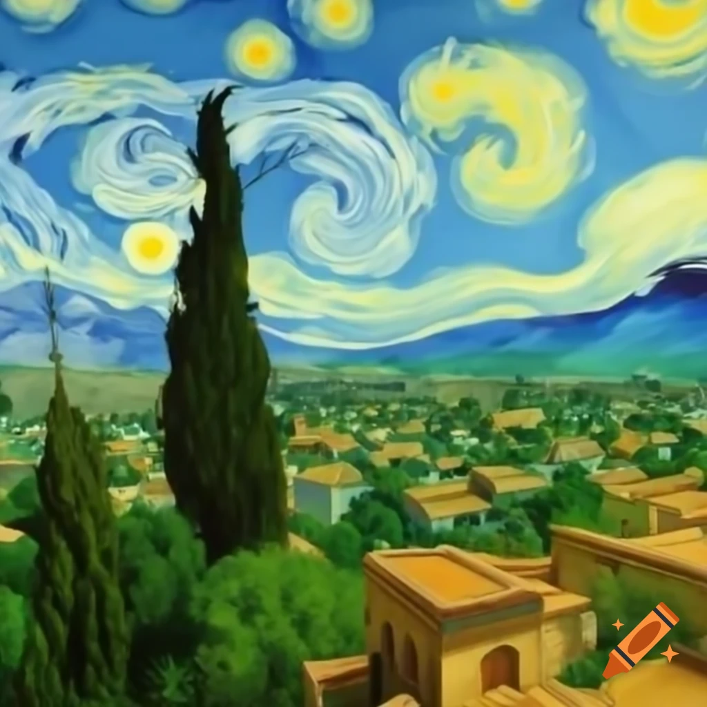 Shiraz skyline with cypress trees and vortex clouds in Van Gogh style