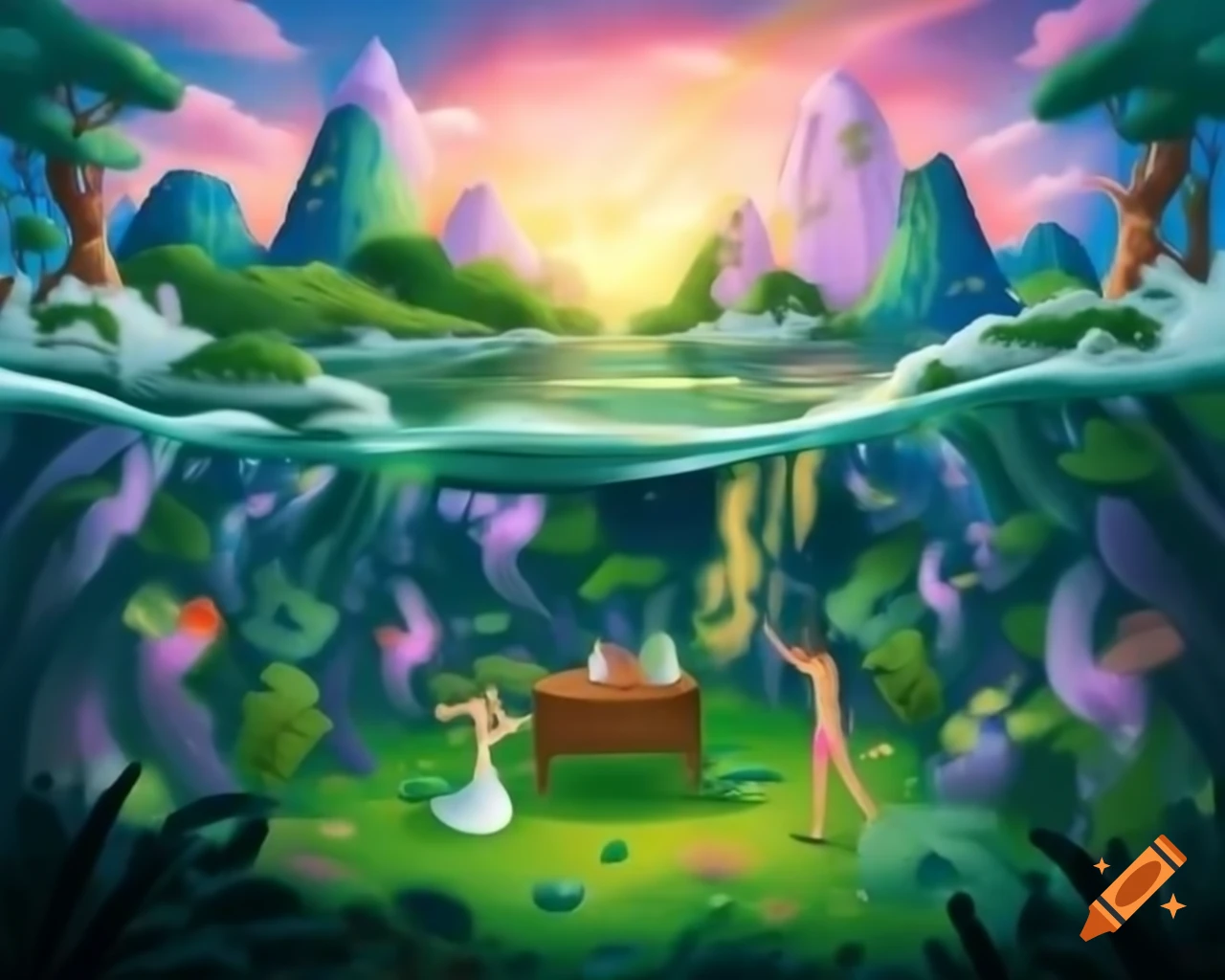 Surreal realm with fairy goddess on wooden table in enchanted forest