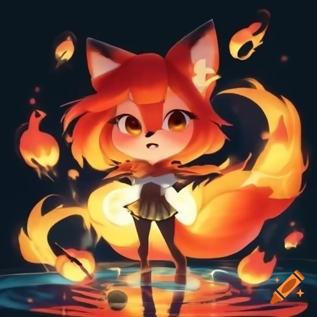 Anime fox girl inspired by fire and water themes with bubbles and steam