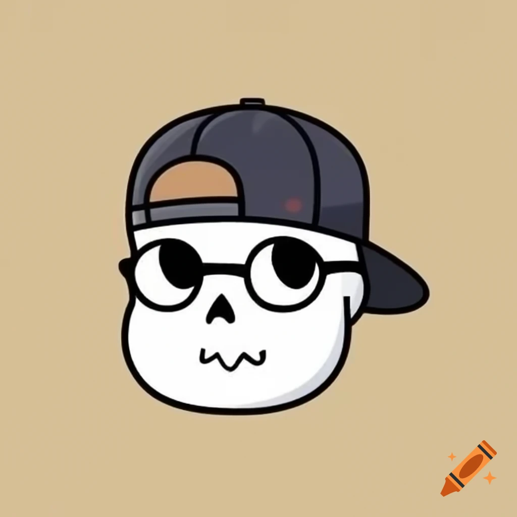 Minimalist cartoon skull wearing cap and glasses