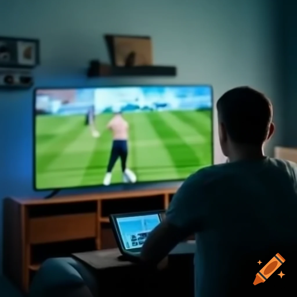 Man watching sports on TV and laptop