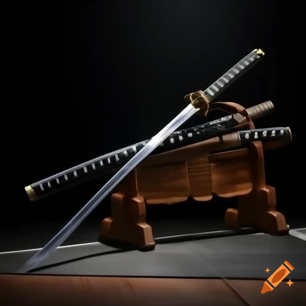 Realistic Japanese sword resting on floor in dark fantasy style