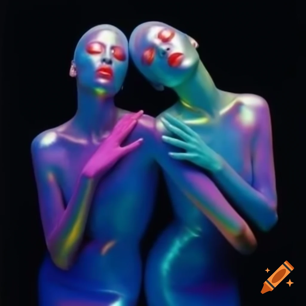Psychedelic couple with iridescent glass statue in vibrant 2000's photography style