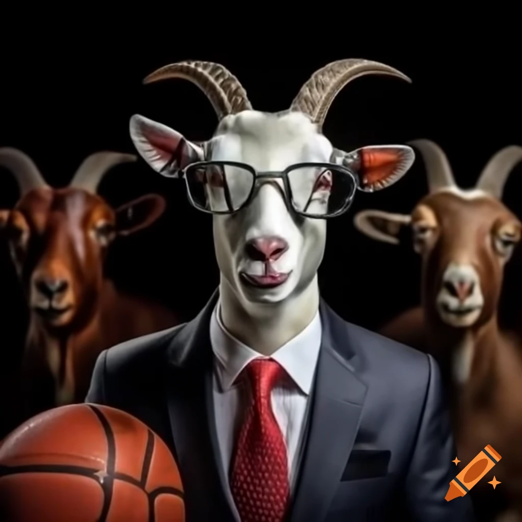 Goat in business suit wearing sunglasses, holding basketball and football
