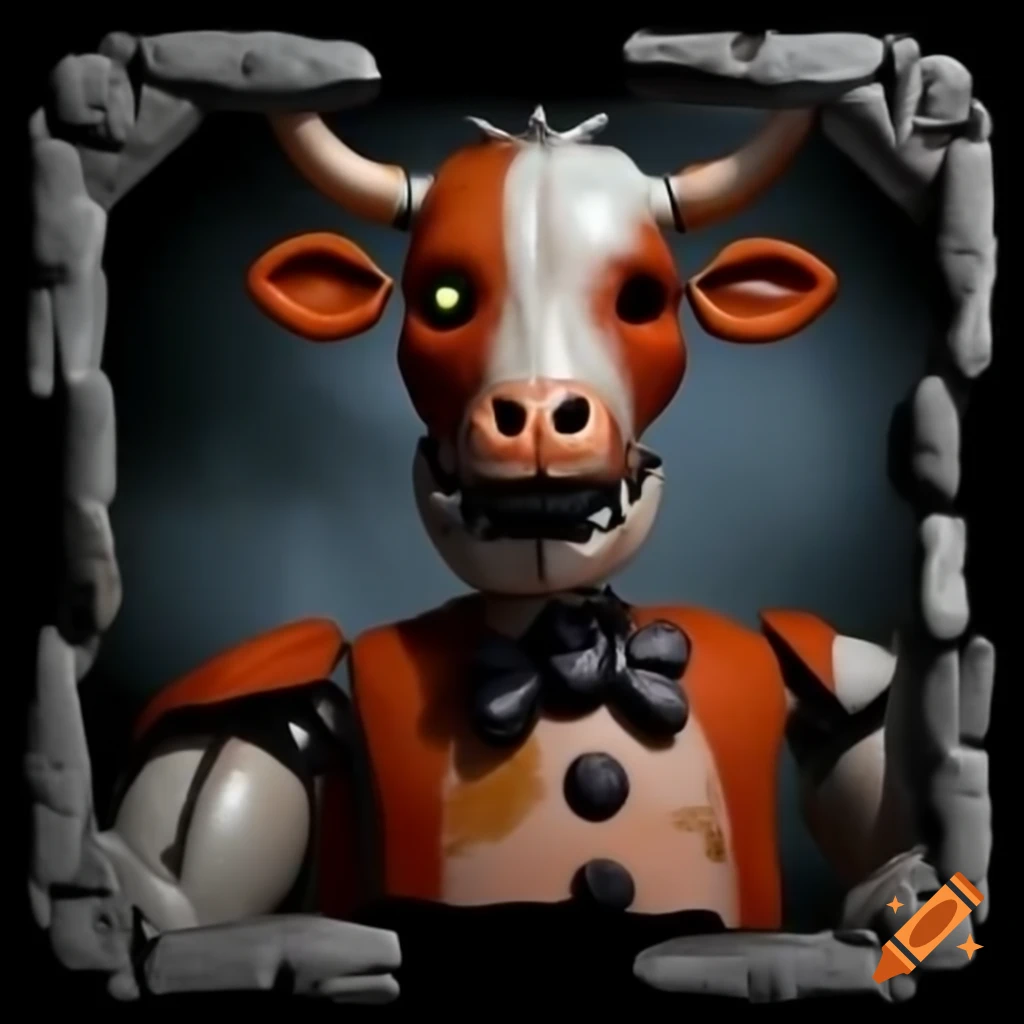 Skeletal metal cow animatronic in rust with cracked stone background