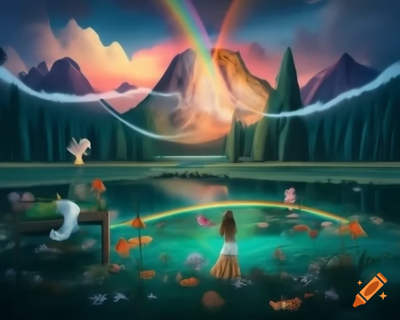 Surreal realm with porcelain fairy goddess on wooden table in enchanted forest