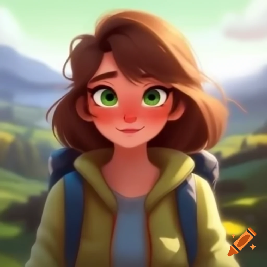 Woman with brown hair and green eyes in beautiful landscape with big backpack