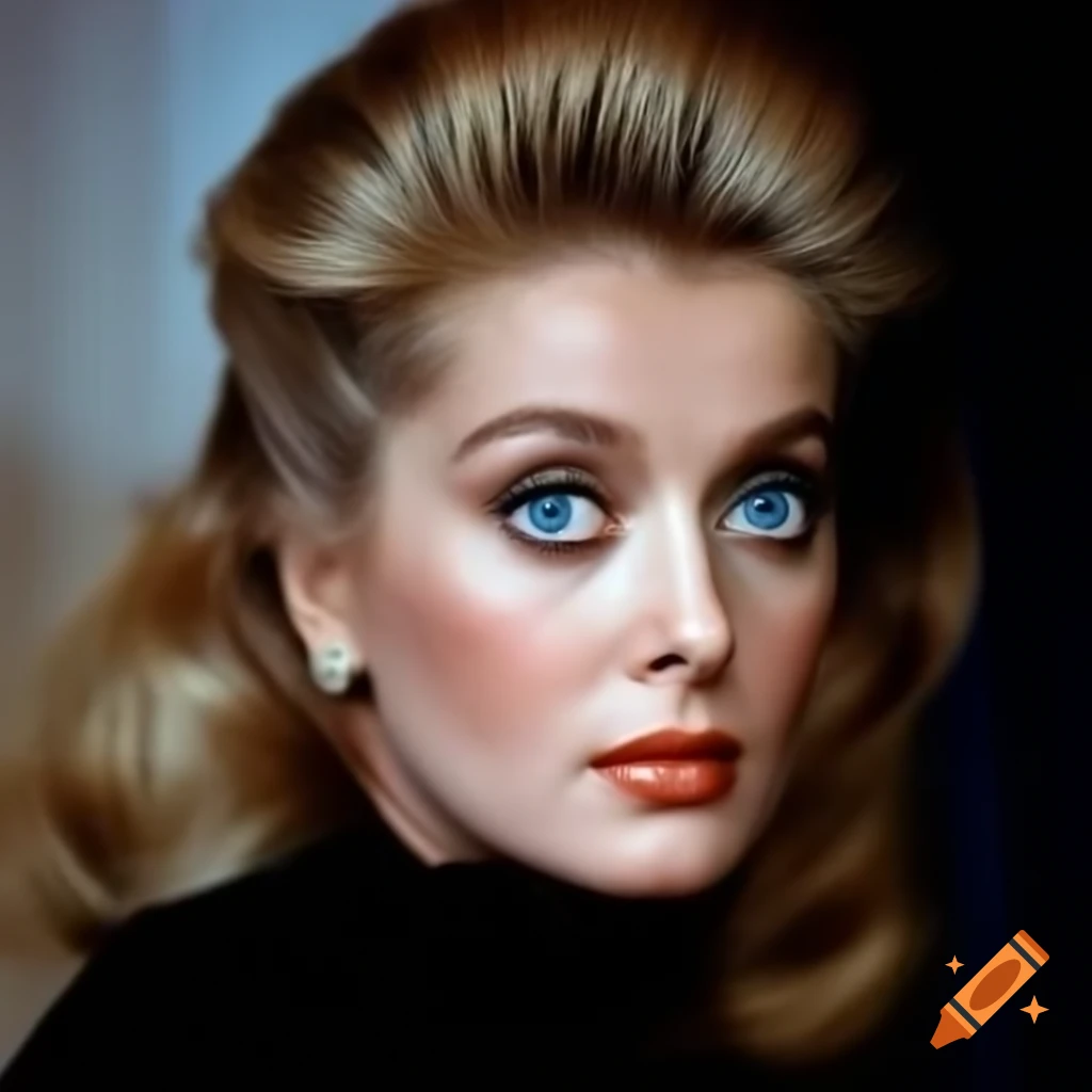 Hyper-realistic color photograph of beautiful European actress from 1963 with porcelain skin and striking blue eyes