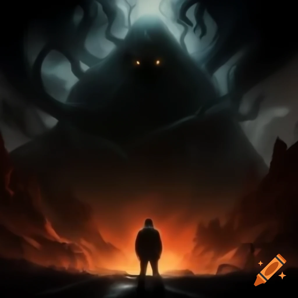 Man confronting monstrous figure in dark landscape