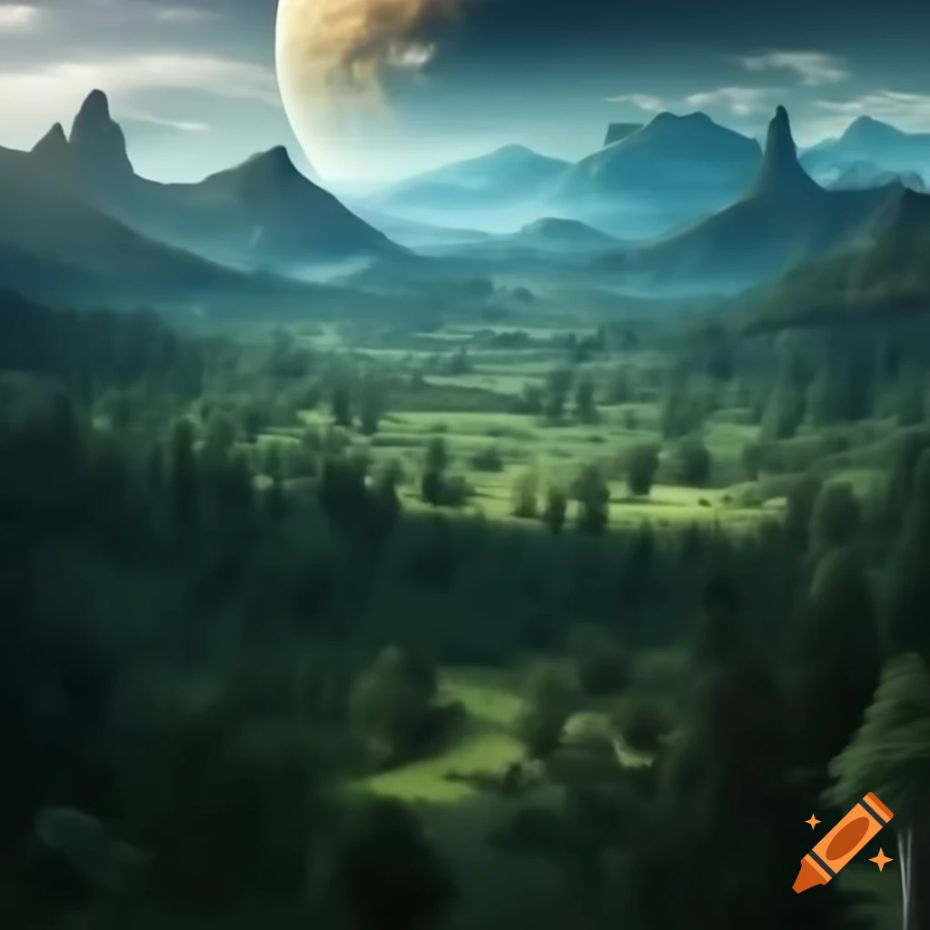 Dense forest landscape on alien planet with hills and dinosaur-like creatures