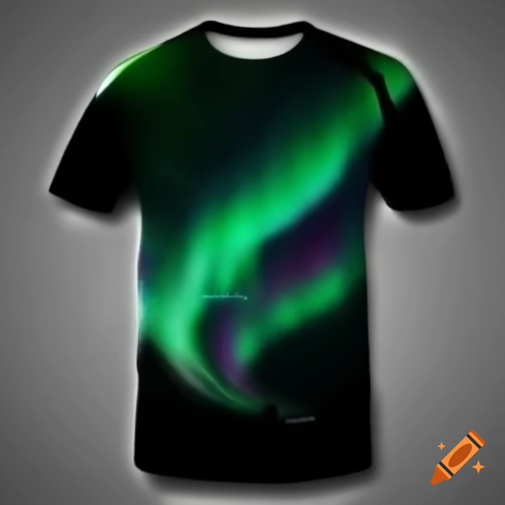 Black t-shirt featuring realistic northern lights logo on gray background