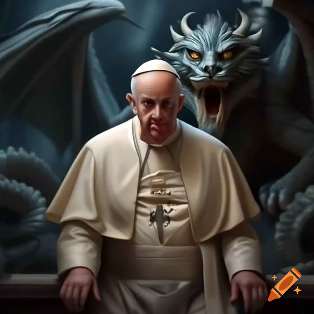 Pope Francis in the Vatican with a mythical dragon