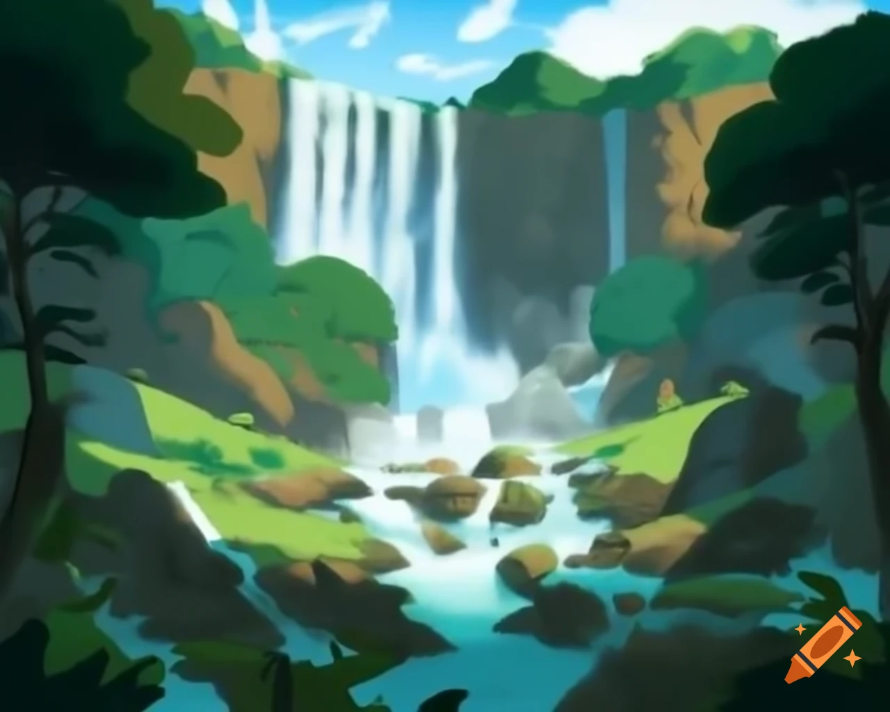 Majestic waterfall with trail and greenery, featuring unique tree