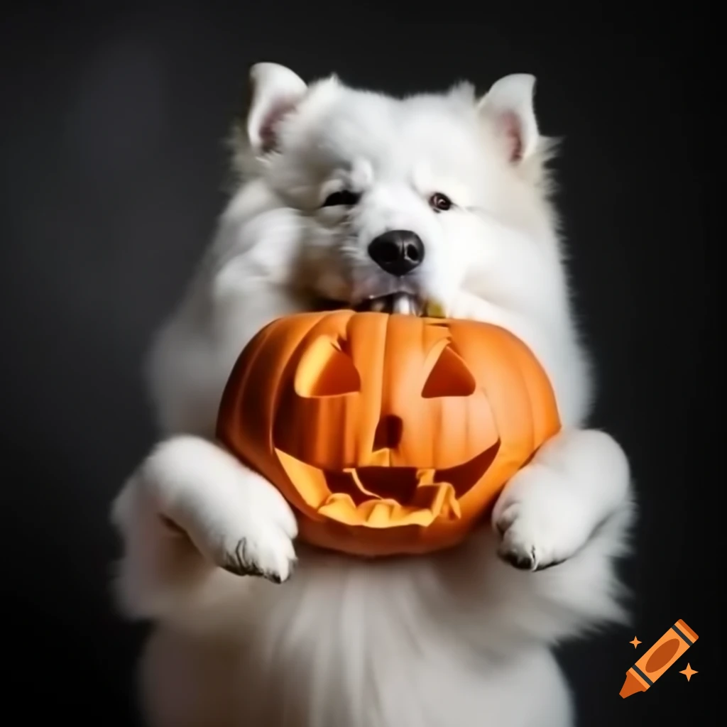 Samoyed dog with pumpkin in its mouth