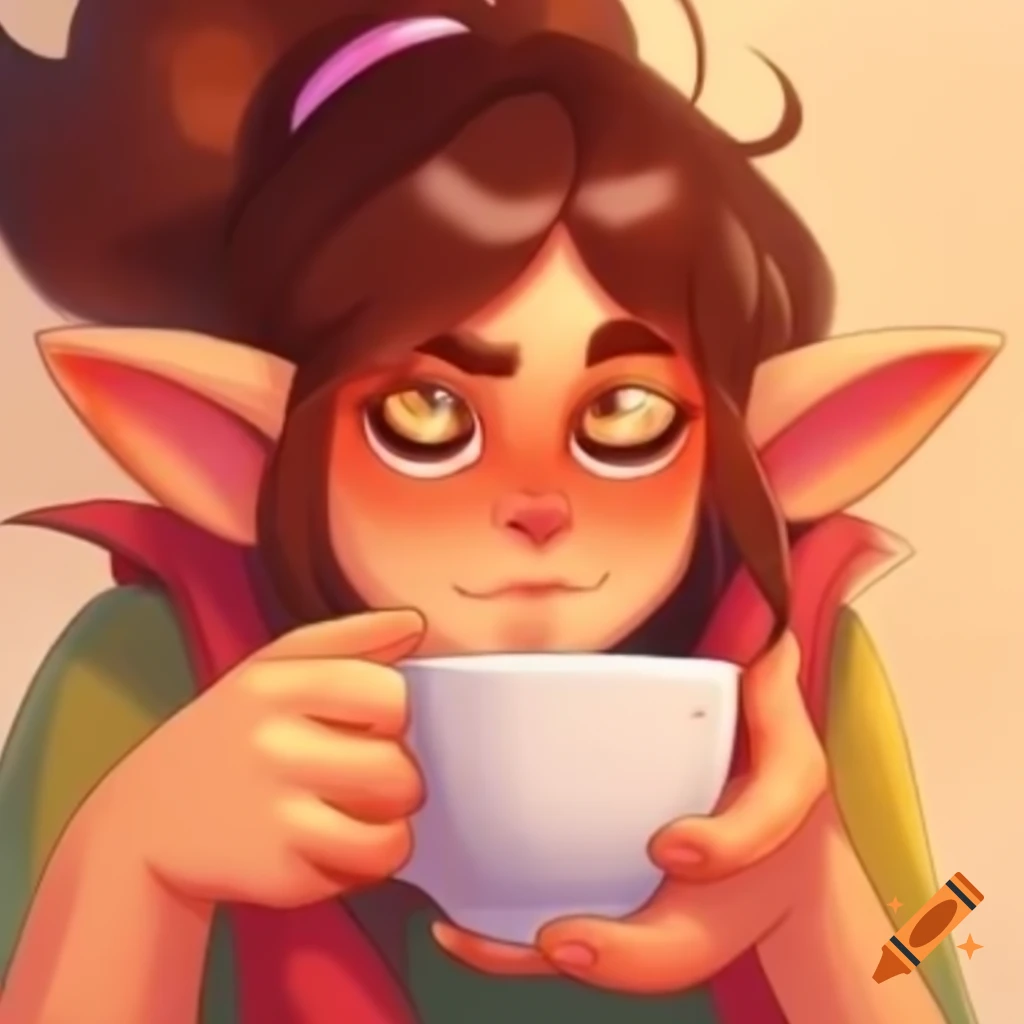 Chill character with oversized eyes enjoying coffee in warm, softly lit background