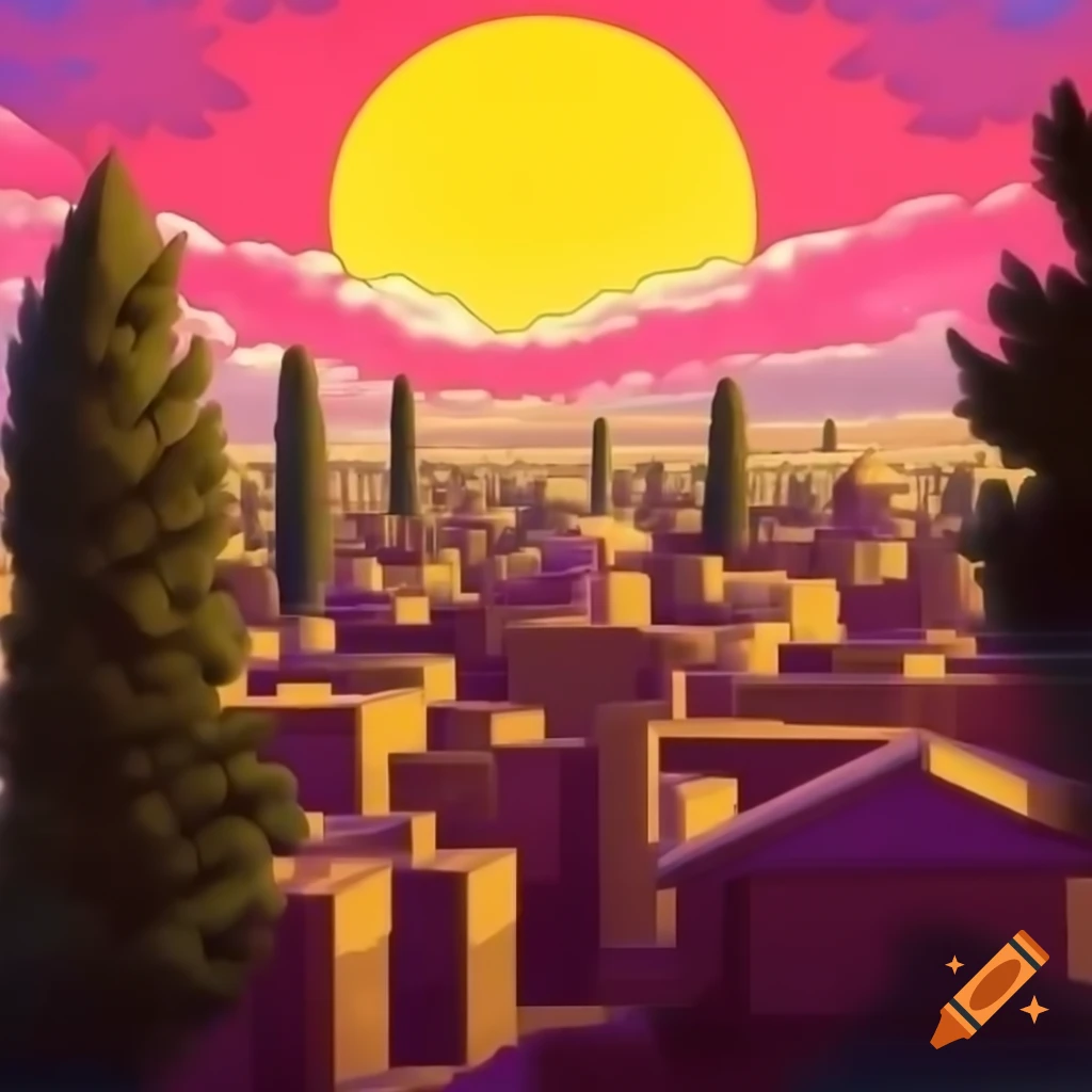 Shiraz city skyline with cypress trees and colorful sunset sky, oil painting
