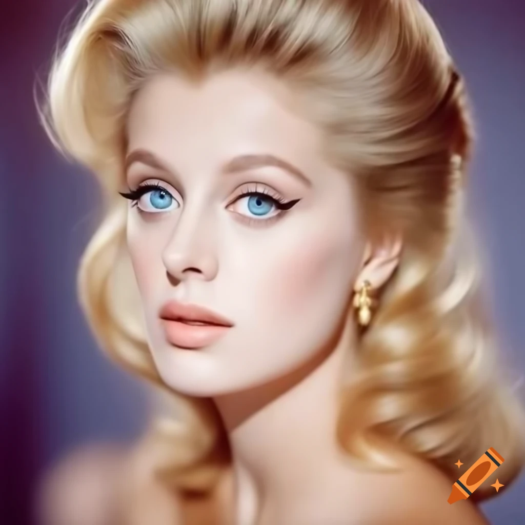 Hyper-realistic photograph of a charming European actress from 1963 with porcelain skin and blue eyes