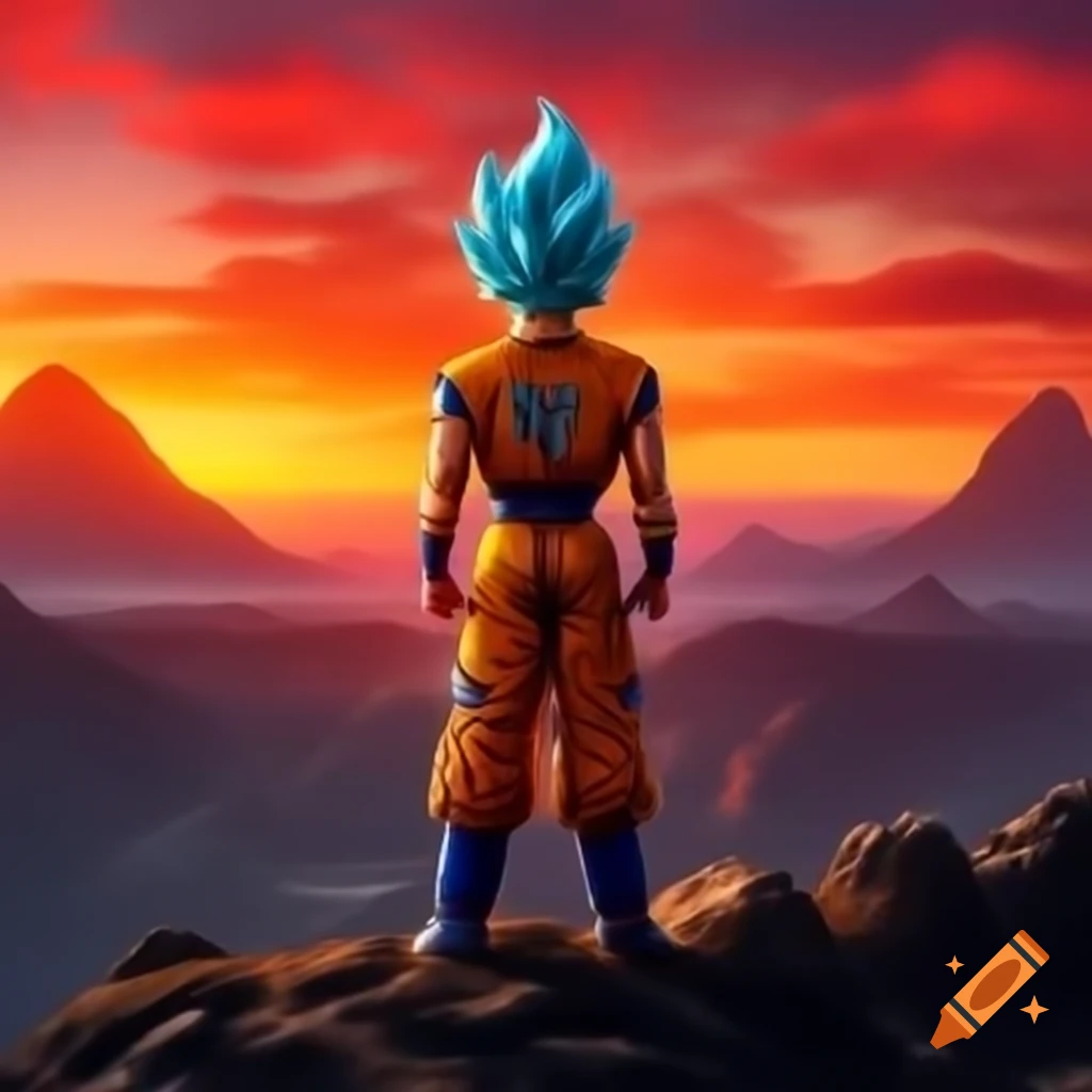 80's rock album cover featuring super saiyan on mountain at sunset