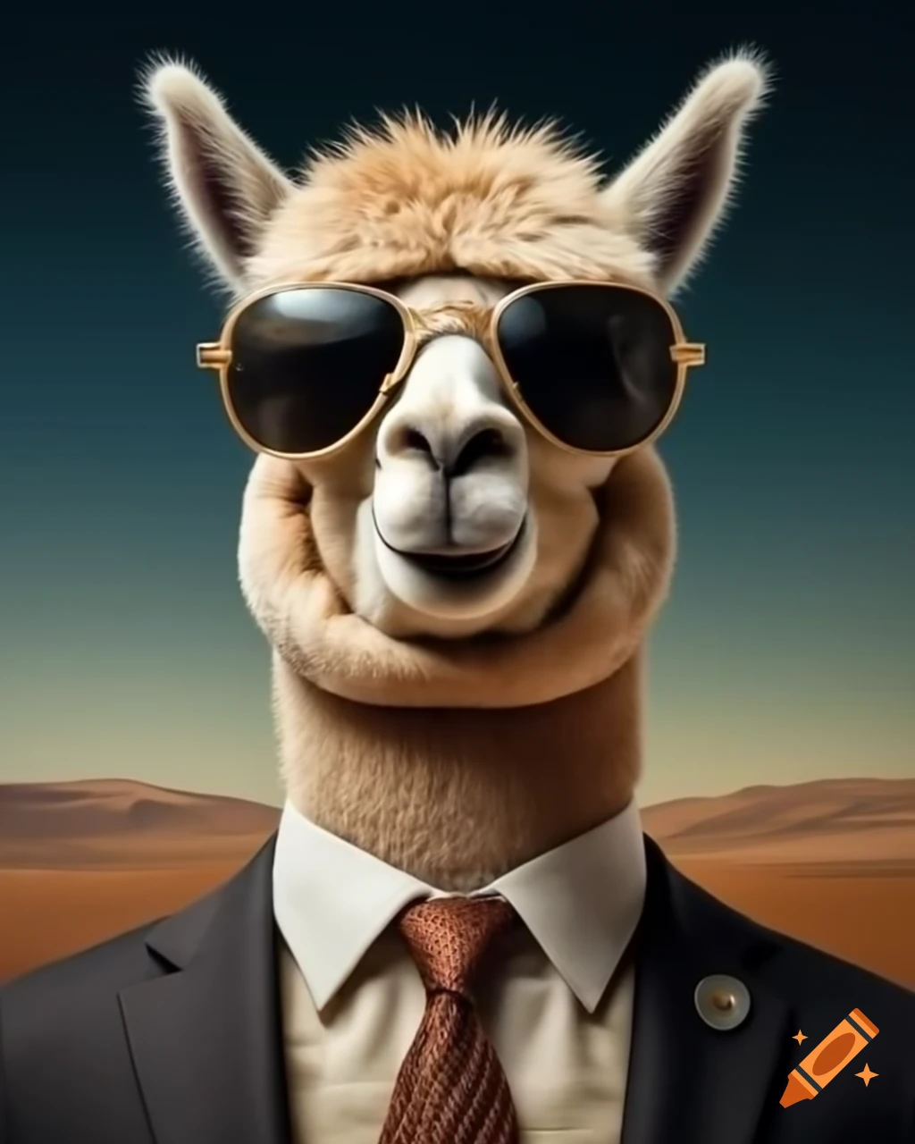 Cute alpaca in a suit and sunglasses, exuding gentlemanly charm in an upscale environment
