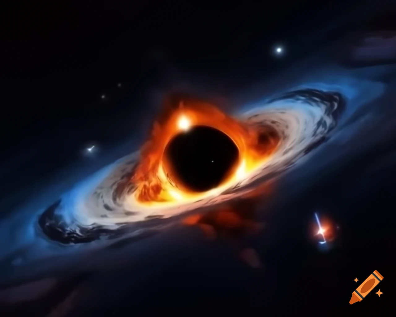 Realistic black hole in star-filled space with artistic lens flare
