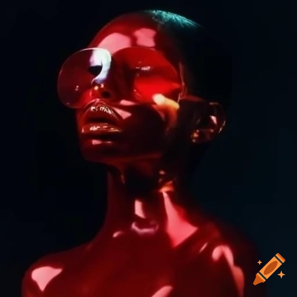 Iridescent red glass statue in 2000's pop surreal photography