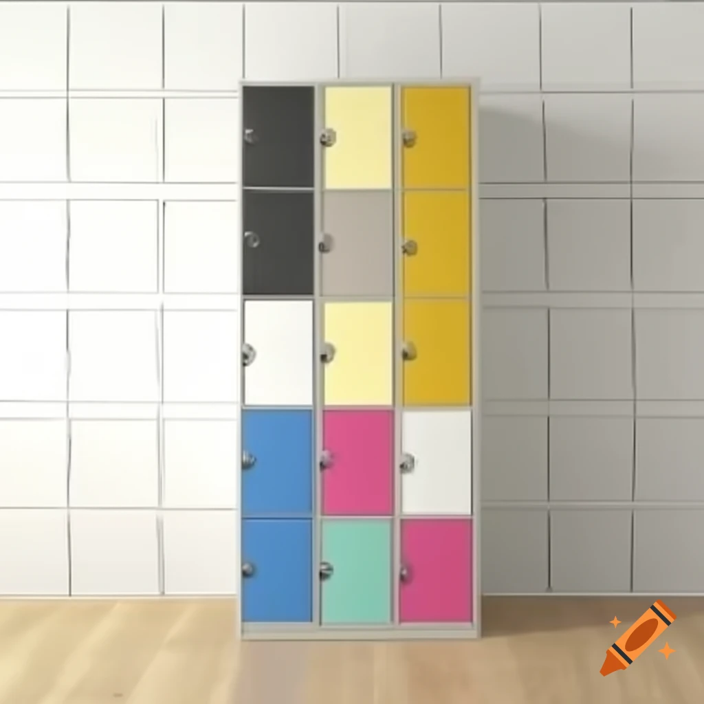 Colorful five-tiered locker wall with individual locks