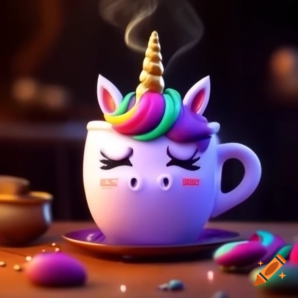Magical purple unicorn with coffee mug saying 'good morning'