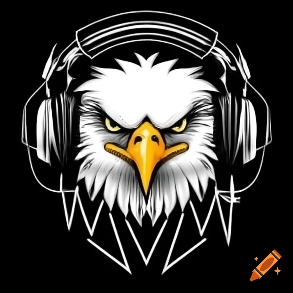 Eagle wearing headphones listening to music with closed eyes, black line art