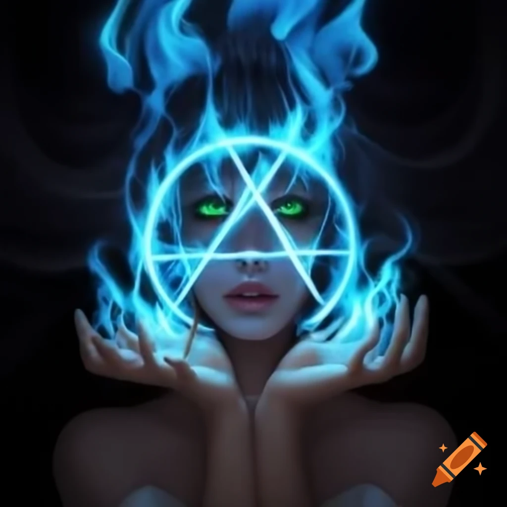 Mulatto woman levitating blue flaming pentagram between hands