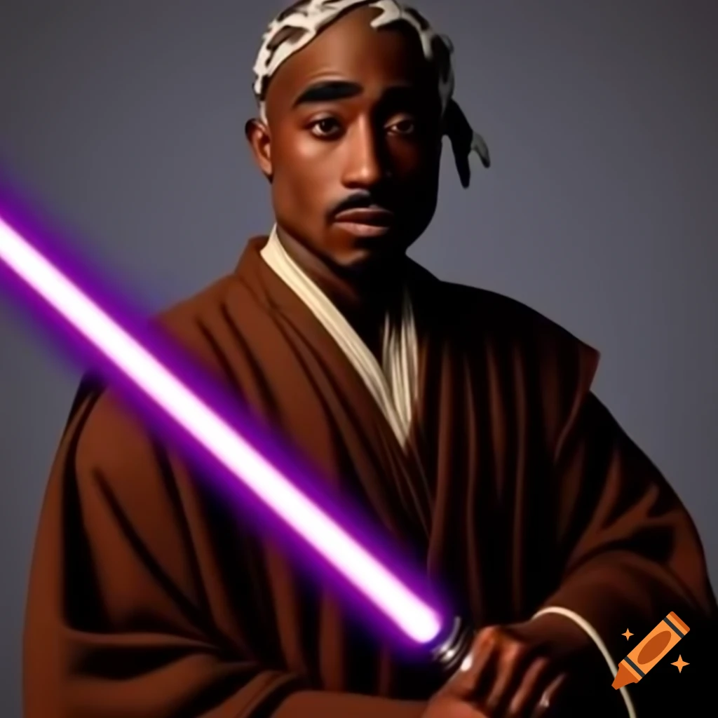 Tupac Shakur in jedi robes wielding a purple lightsaber