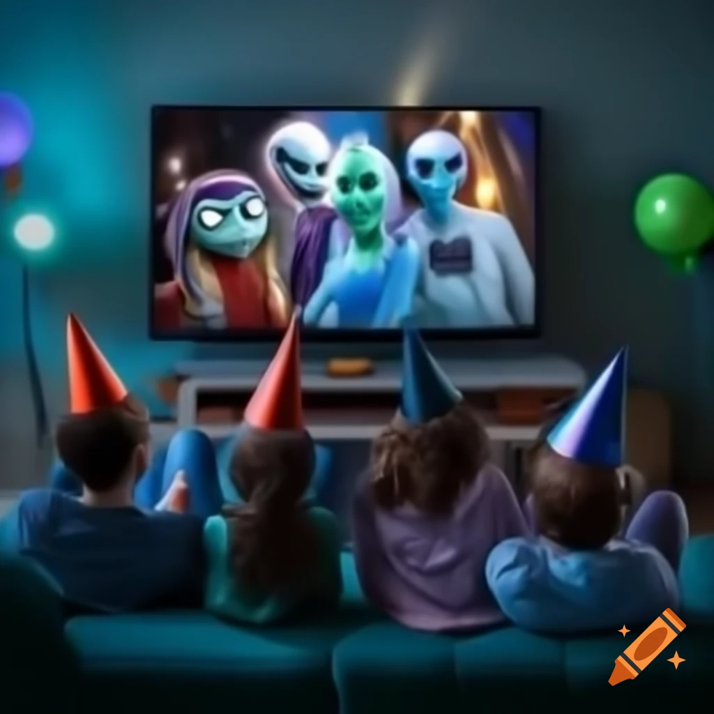 Family of aliens in party hats sitting on couch with video games on the floor