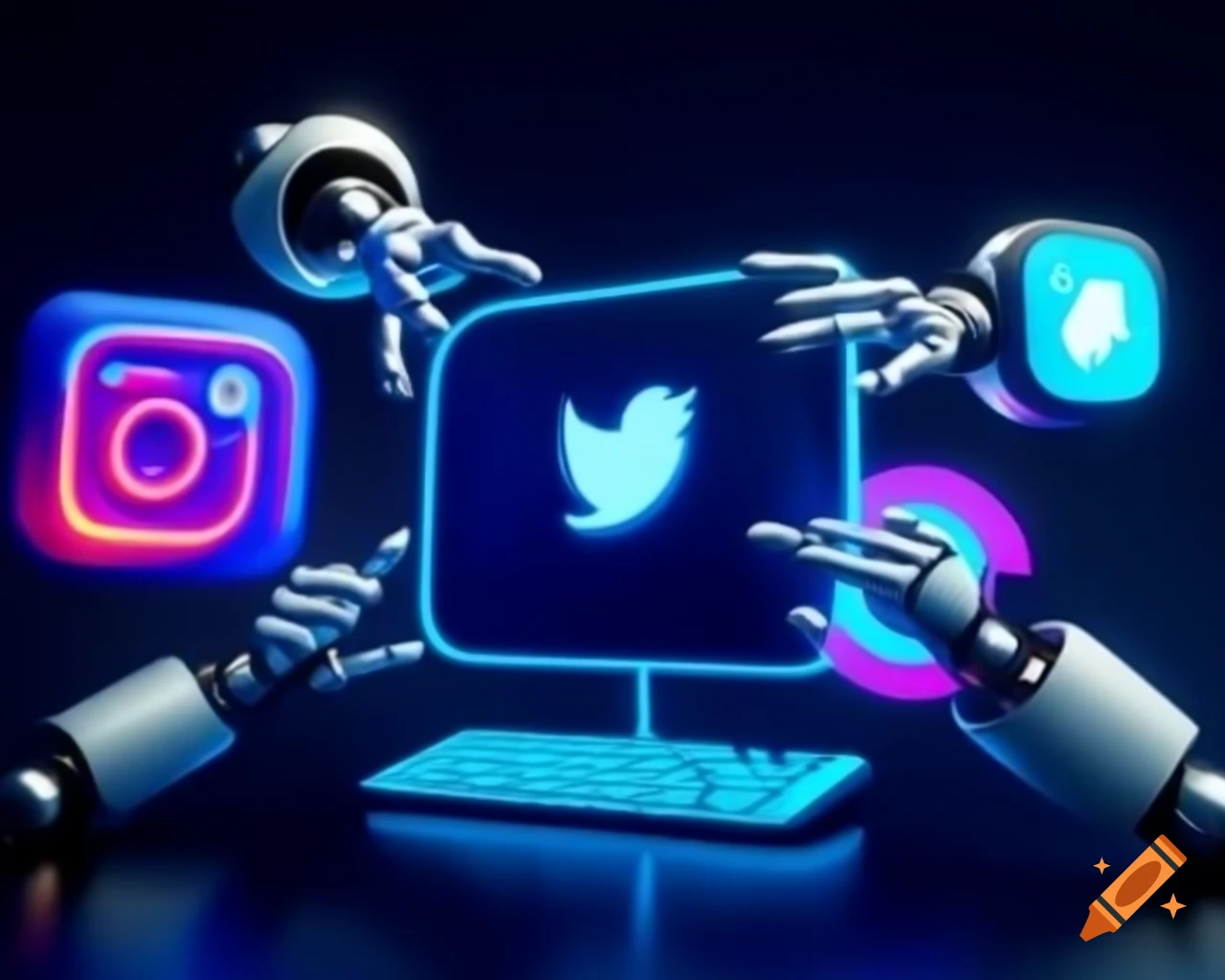 Digital artwork of social media icons and ai elements with a neon