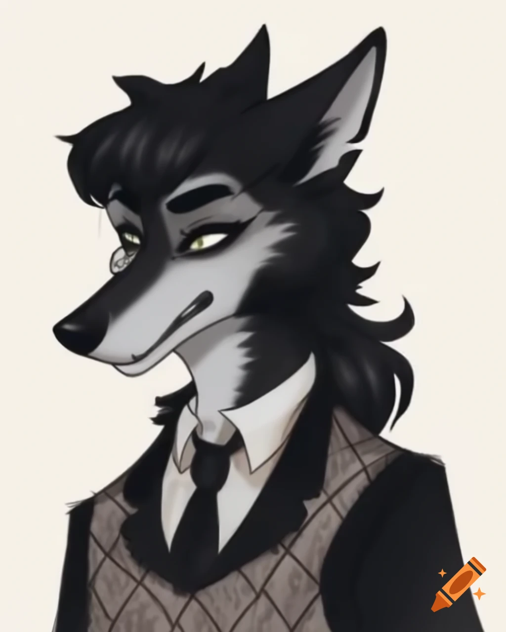 Anthropomorphic black wolf in formal attire with white fur pattern