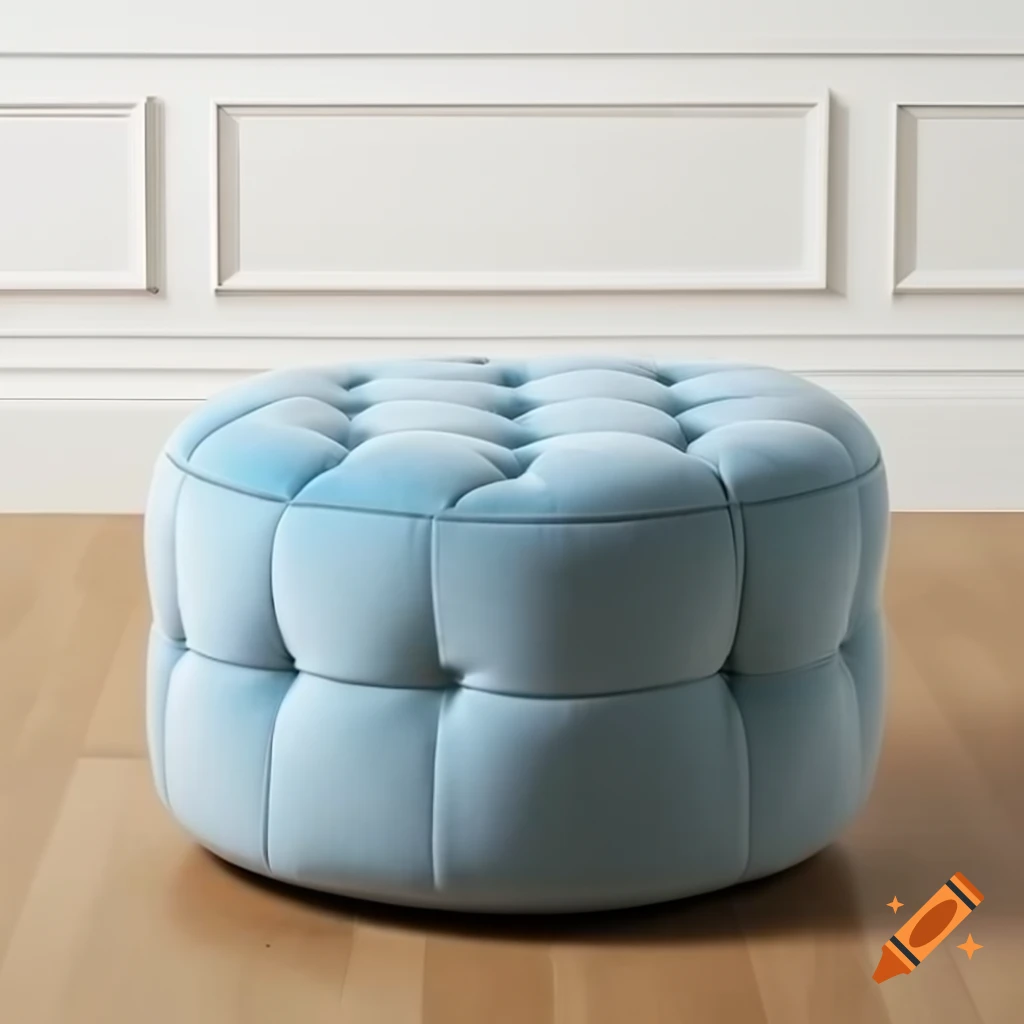 Pastel blue tufted ottoman against white trim wall