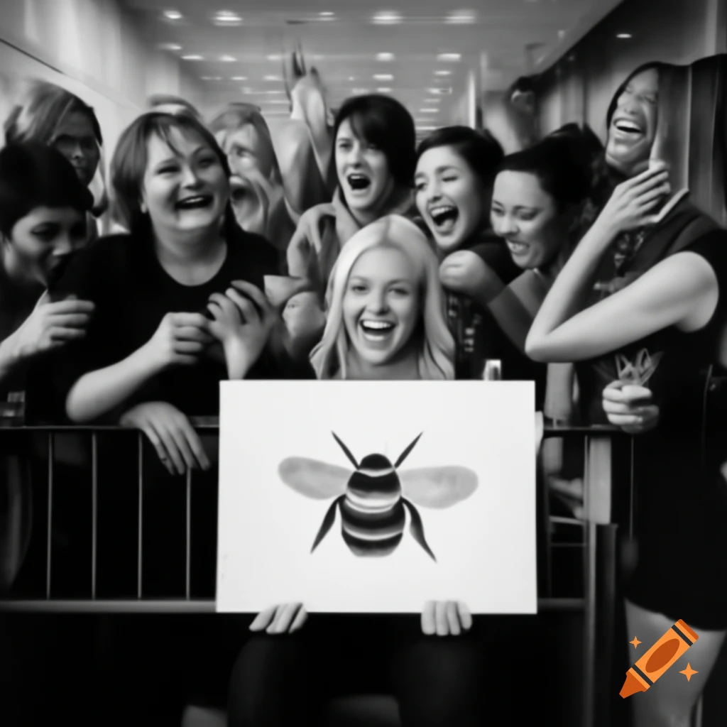 Blonde artist with large bumblebee drawing at gallery exhibit, surrounded by cheering crowd