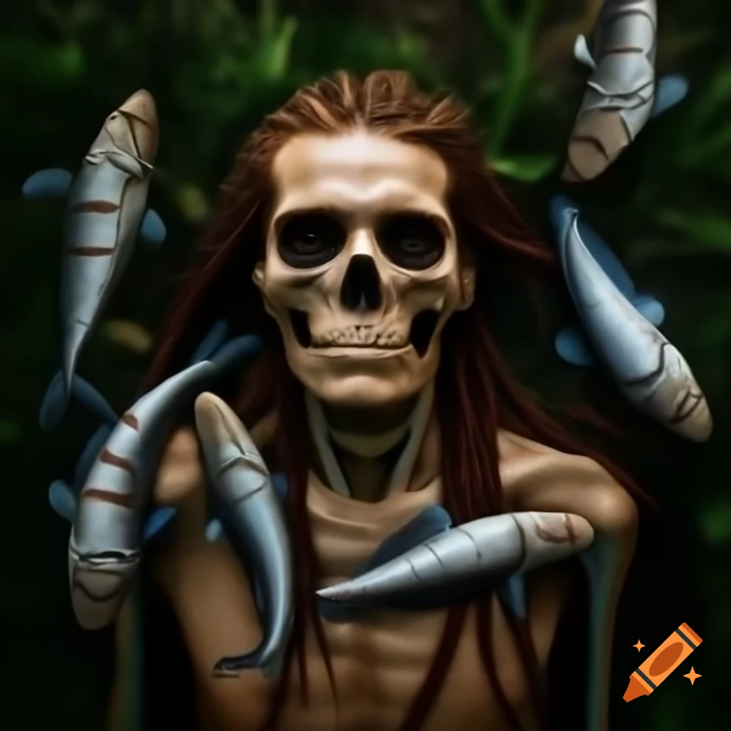 Creative depiction of a man with fish skeleton braids emerging from his head