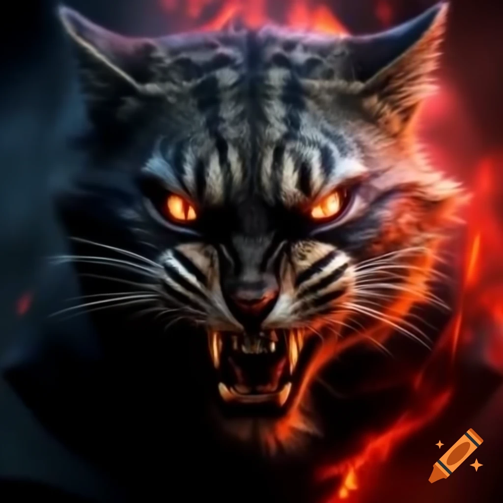 Feline shadow with glowing eyes emerging from crimson mist
