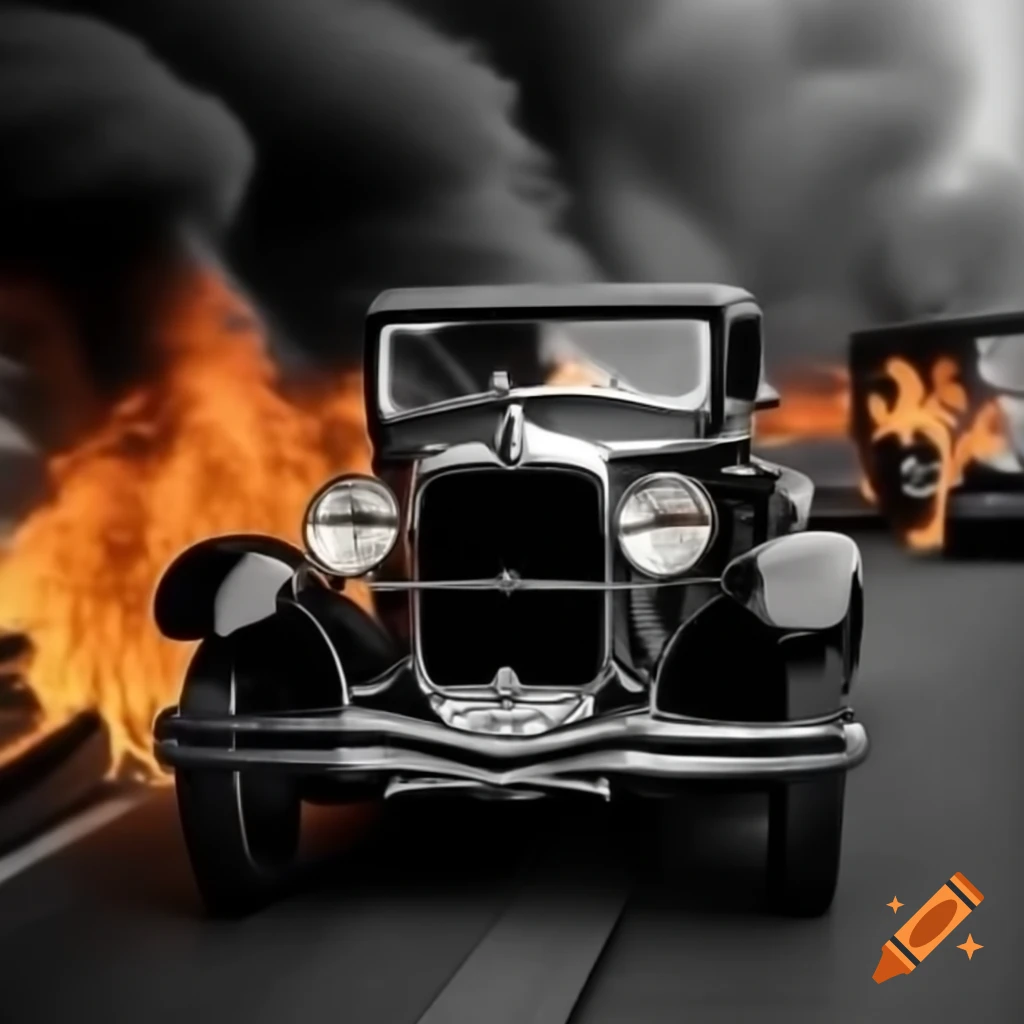 1928 Plymouth car on fire in black and white with Japanese letters