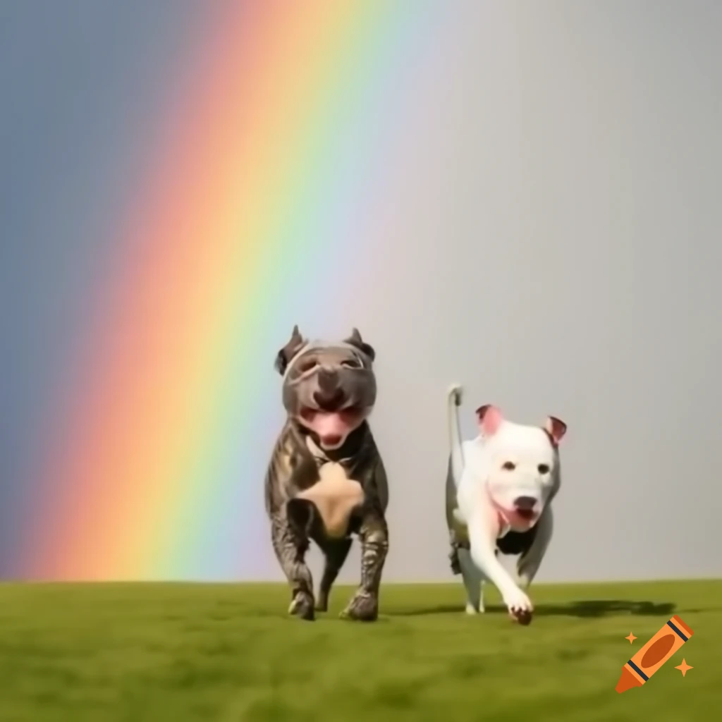 Joyful English Bullterrier and Pitbull walking over a rainbow in a colorful parade