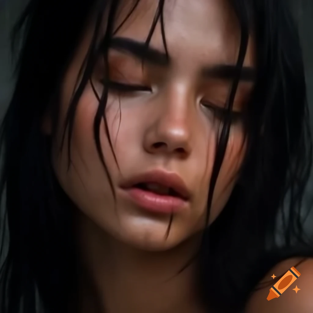 Close-up portrait of European woman with black hair and freckles, soft lighting, looking at camera