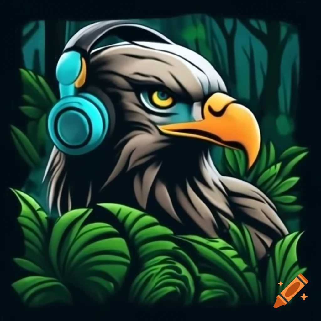 Harpy eagle enjoying concert in jungle with headphones