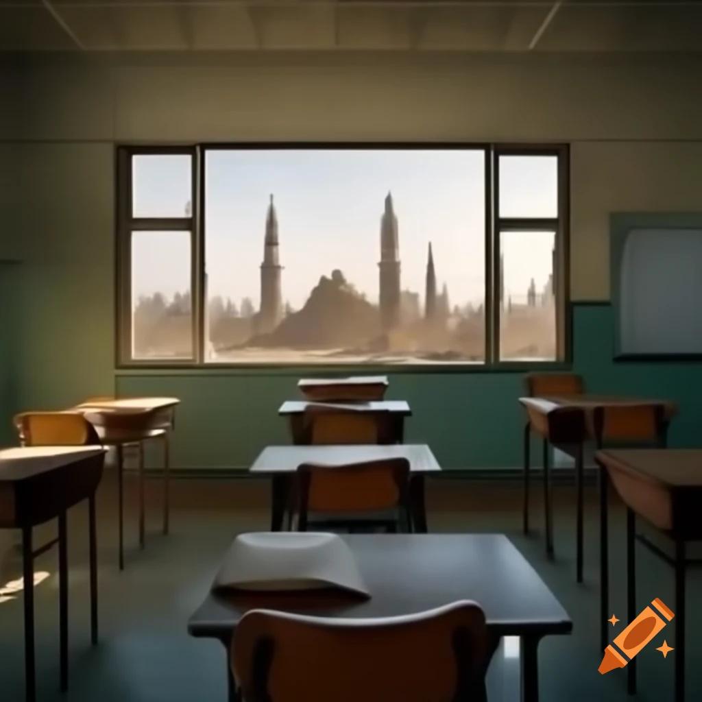 Empty wooden desk in school classroom with Cairo landmarks view from window