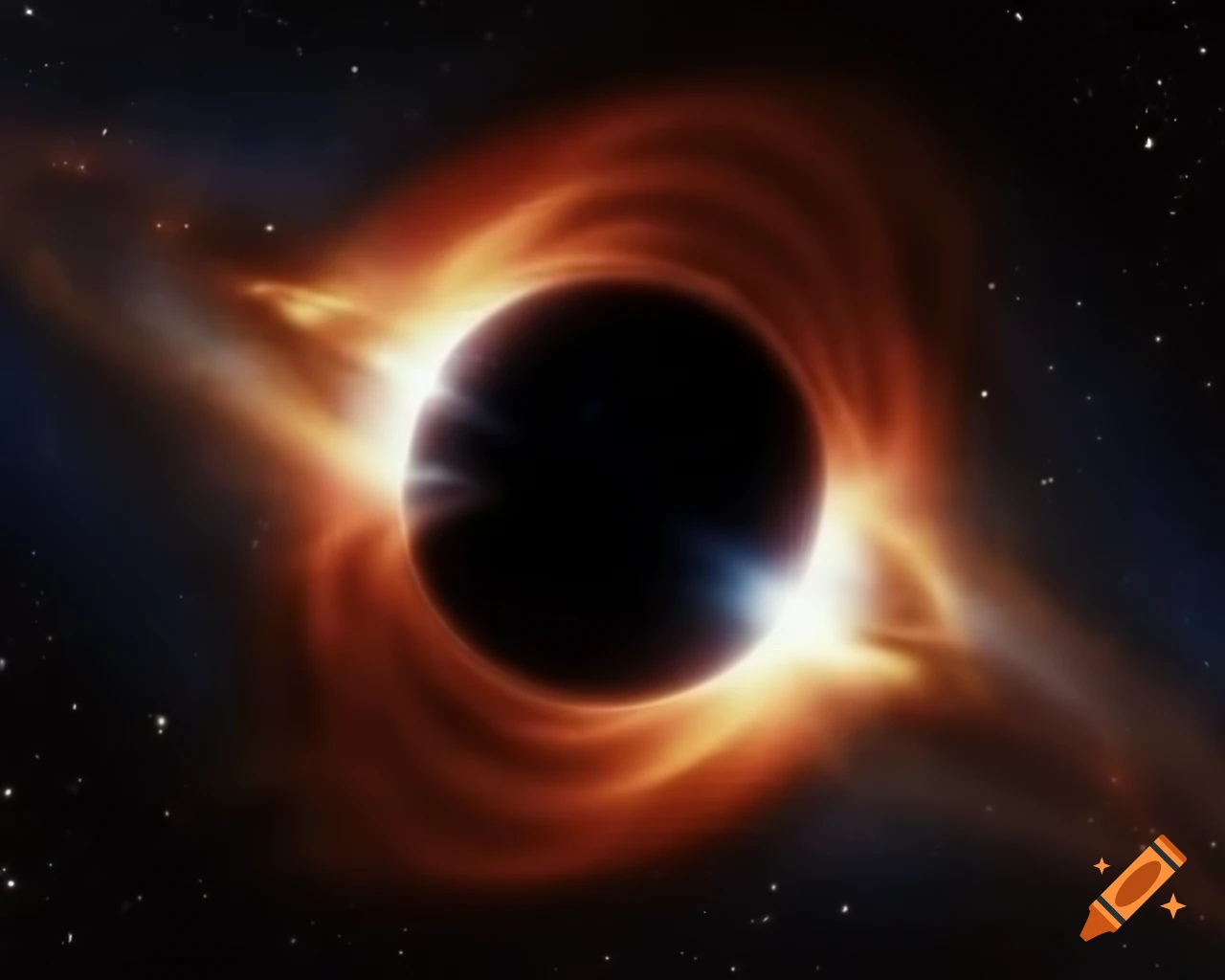 Realistic black hole in star-filled space with artistic lens flare