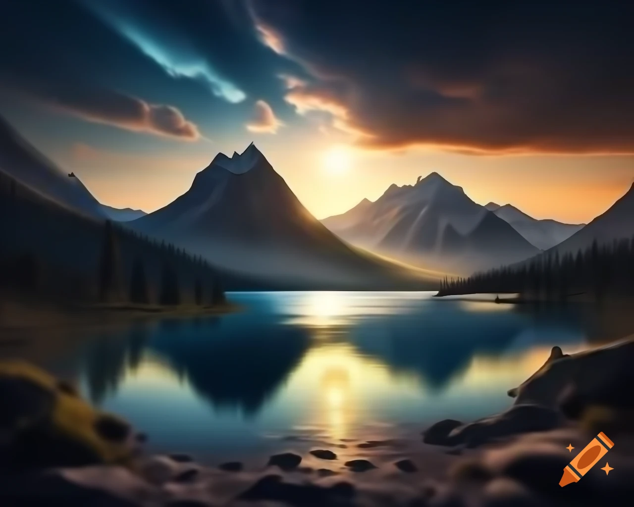 Photorealistic 3D render of mountain lake at sunset with sun rays and island