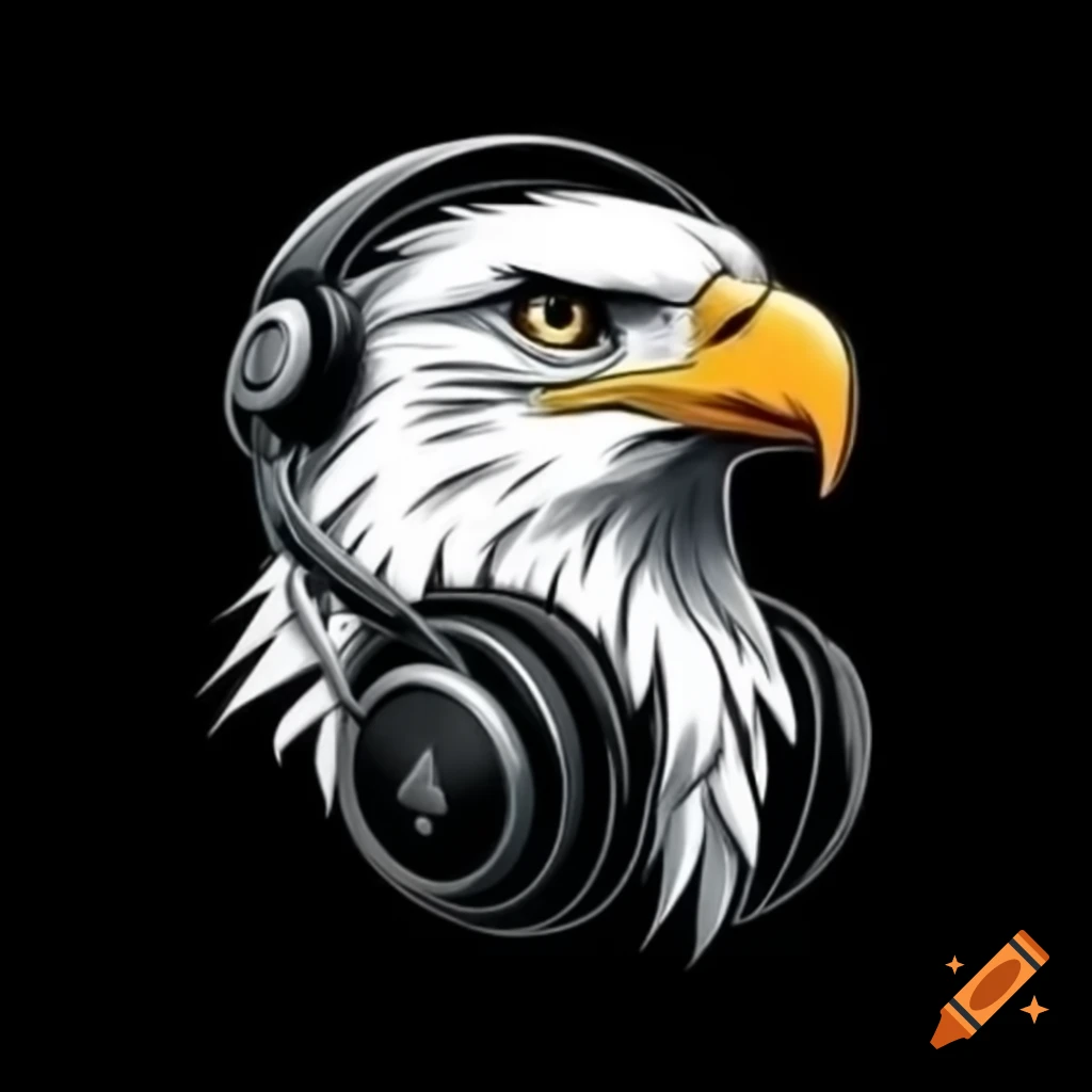 Eagle wearing headphones listening to music with closed eyes, black line art