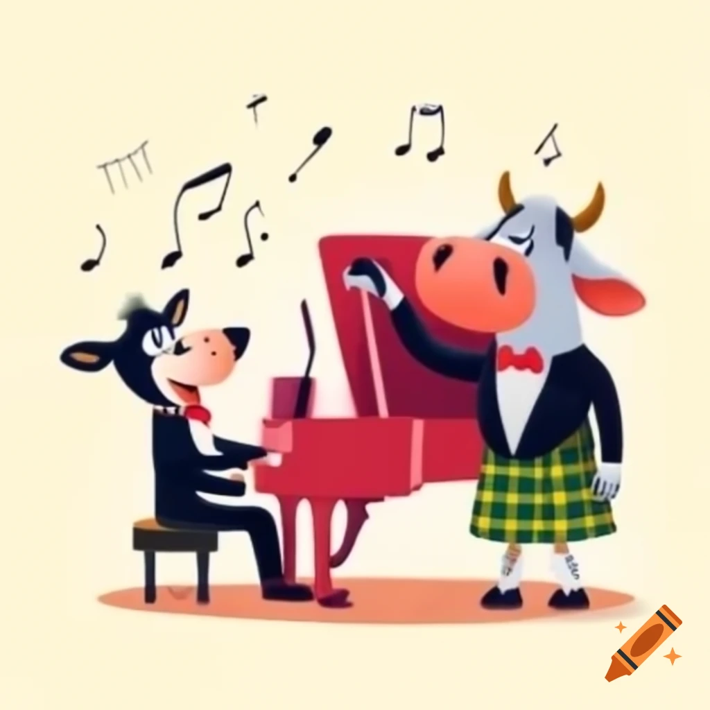 Cartoon opera recital featuring singing cow in kilt and energetic pianist in tuxedo