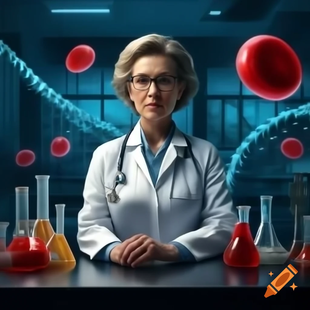 Elegant woman doctor in modern laboratory with DNA molecules and test tubes
